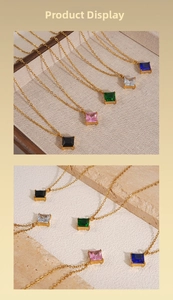 Detailed view of colorful zircon square sugar cube pendants on elegant gold chain necklaces