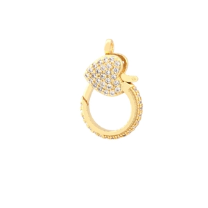 Luxury gold heart-shaped spring ring clasp with micro-paved white cubic zirconia stones