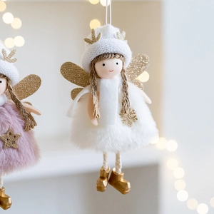 Christmas angel plush ornament with white fur dress and gold wings for tree decoration