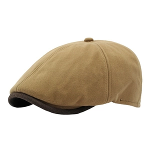 Retro camel herringbone flat cap for winter with dark brown brim and thick warm texture