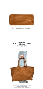 Detail of woven brown leather tote bag showing intricate craftsmanship and hand straps