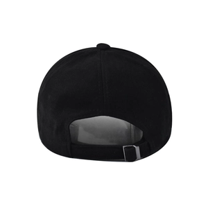 Rear view of black cotton baseball cap showing adjustable metal buckle and stitching