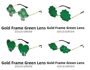 Detail of green leaf-shaped rimless sunglasses in gold frames for Saint Patrick's Day