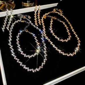 Wave Zigzag Zircon Rhinestone Necklace Bracelet And Earrings Copper Jewelry Collection Luxury Elegant Shiny Women