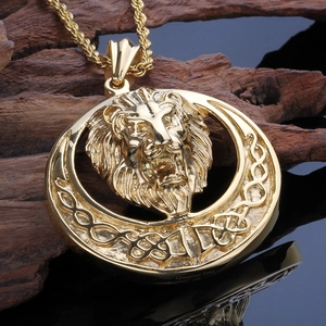 Detailed view of a gold lion head pendant with intricate Celtic knot and woven rope chain