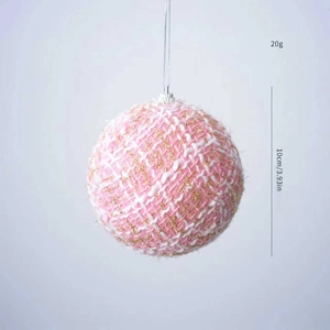Pink and white plaid Christmas ball ornament with gold thread and dimensions 10cm/3.9in