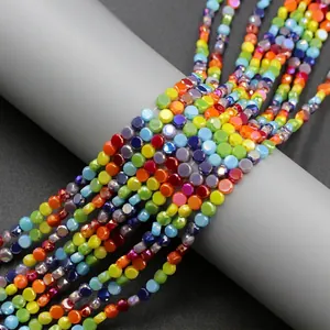 Close-up of 4mm multi-color faceted crystal glass beads wrapped on a display stand