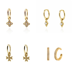 Four-piece gold clover and geometric drop earring set with micro-paved cubic zirconia