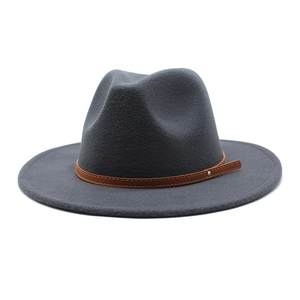Classic dark grey wool fedora hat with brown leather band and metallic rivet detail