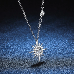 S925 sterling silver sunburst pendant necklace with moissanite star and moon chain