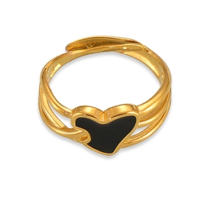 Bague En Acier Titane Multi Couches Forme Cœur Émail Noir Plaqué Or Bijoux Minimalistes Pour Femmes