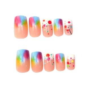 Faux ongles dégradés macaron avec pois colorés de forme carrée moyenne