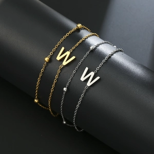 Double-layered gold and silver stainless steel chain bracelets with letter W pendant