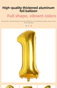 Detail of 16-inch gold number 1 foil balloon with automatic sealing for parties