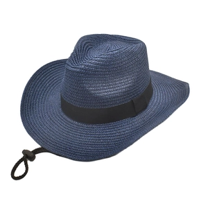 Dark blue woven cowboy sun hat with wide brim, black ribbon and adjustable chin strap