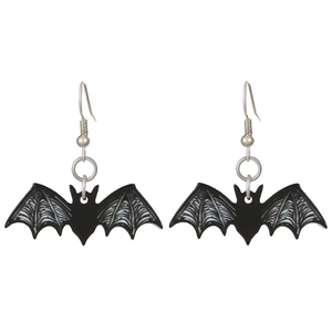 Gothic Halloween bat drop earrings with black wings and white bone texture accents