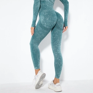 Detail view of seamless acid wash yoga pants with ribbed texture and scrunch butt design