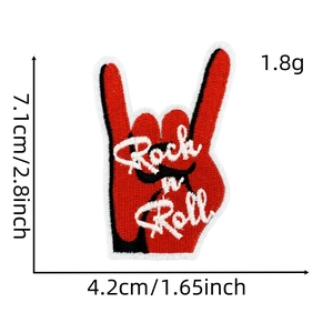 Macro view of Rock N Roll hand sign embroidered patch with detailed size and weight specs