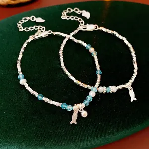 Beaded Bracelet With Imitation Artificial Pearls Blue Crystal And Silver Square Beads Fish Charm Adjustable Simple Elegant For Women