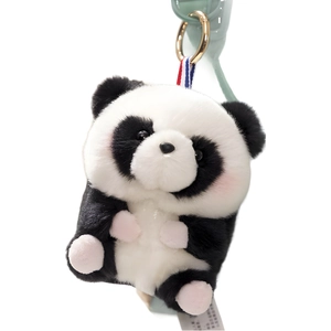 Cute panda plush keychain with black and white fur, pink paw pads, and metal ring strap