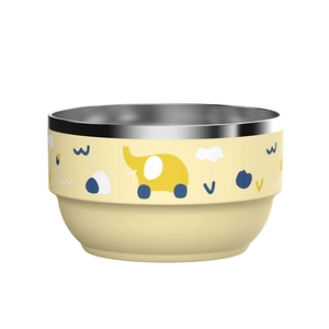Bol pour enfants en acier 316 avec coque extérieure jaune à motif éléphant mignon