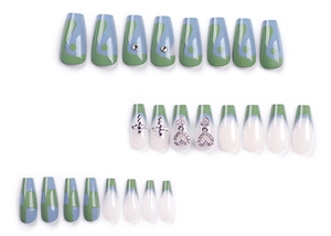 Detail view of 24pcs coffin press-on nails with blue-green plaid and silver cross charms