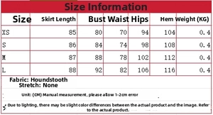 Size chart for halter neck mini dress with houndstooth fabric measurements in cm