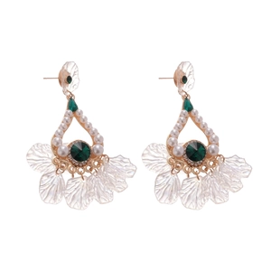 Elegant gold drop earrings with green gemstone, pearls and petal tassels in palace style