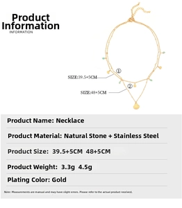 Detail of layered gold stainless steel necklace with green stone beads and fan pendant
