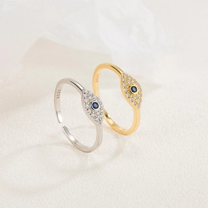 Adjustable S925 sterling silver evil eye rings in gold and silver finish with blue gems