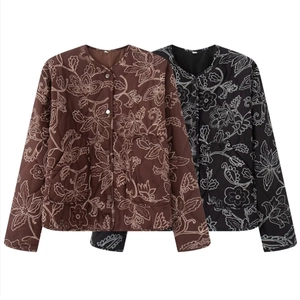 Women Vintage Quilted Floral Embroidery Jacket Round Neck Single Breasted Casual Long Sleeve Polyester Coat Outwear