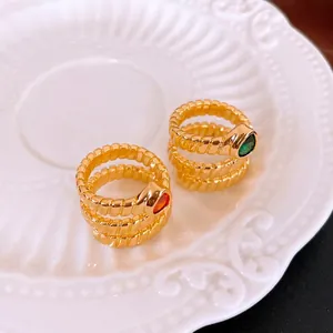 Luxury gold-plated multi-layer snake ring with red and green teardrop zircon accents