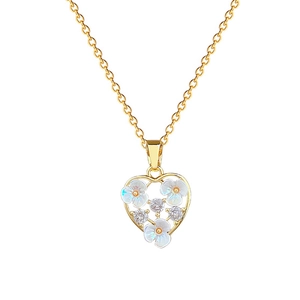 Elegant gold titanium heart necklace with white floral bouquet and sparkling zircon stones