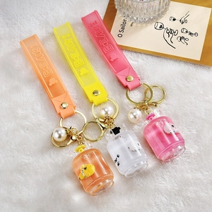 Detail of cute tiger acrylic oil-filled keychains with liquid sand and silicone straps