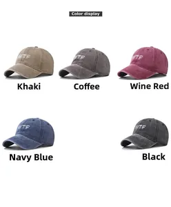 Color options of washed cotton baseball caps with WTF embroidery in five vintage shades