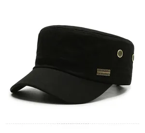 Detail of black cotton cadet cap featuring side metal eyelets and a vintage brand plaque