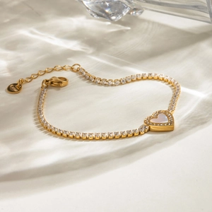 18K Vergulde Roestvrijstalen Armband Met Hartvormige Kunstparelmoer Hanger Zirconia Tennisketting Verstelbare Sieraden Voor Dames