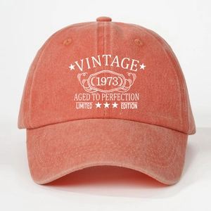 Detail of Vintage 1973 embroidery on a washed red cotton baseball cap with retro texture