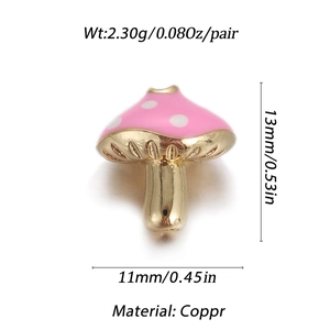 Pink and gold mushroom enamel bead detail with precise dimensions and copper material specs