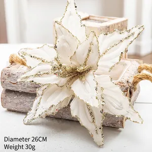 Detail view of 26cm white velvet poinsettia with gold glitter edges for Christmas tree decor
