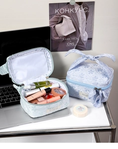Detail of floral lace cosmetic bags showing interior storage and ribbon bow handle design