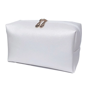 White faux leather makeup bag with pearl initial patches and gold double zipper
