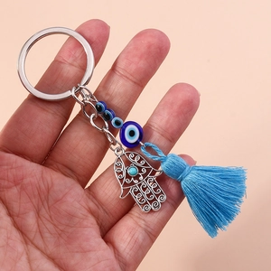 Evil Eye Hamsa Hand Keychain For Women Zinc Alloy Blue Glass Bead Tassel Protection Amulet Bag Charm