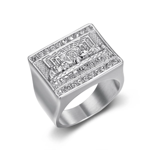 Men's silver steel square ring featuring The Last Supper relief and white crystal stones