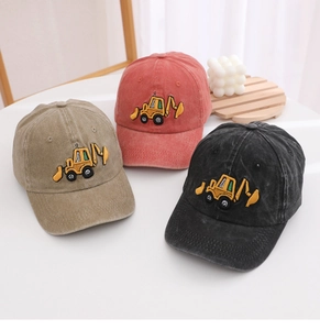 Three children baseball caps in khaki pink and black featuring excavator embroidery detail