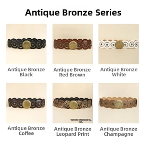 Détail de ceintures vintage avec boucles en bronze antique en six couleurs et motifs