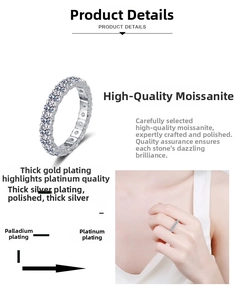 Macro detail of moissanite eternity ring showing multi-layer silver rhodium plating texture