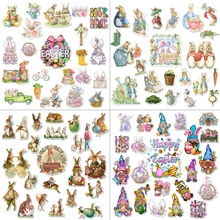 Detailed view of colorful Easter stickers featuring bunny, egg and gnome motifs for decor