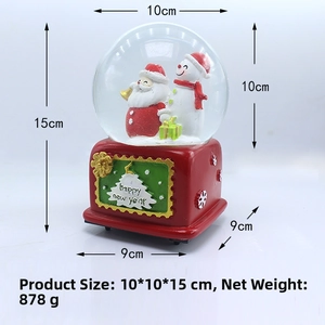 Christmas snow globe with Santa and snowman motifs, measures 10x10x15cm and weighs 878g