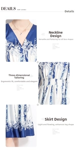 Detailansicht von V-Ausschnitt, Smok-Taille und Blumendruck auf blauem Sommerkleid